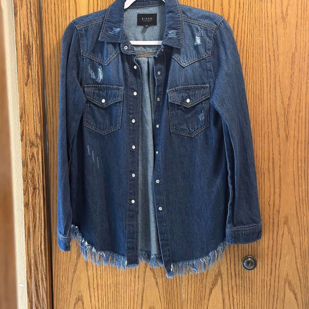 Risen Distressed Dark Blue Denim Button-Down Shirt